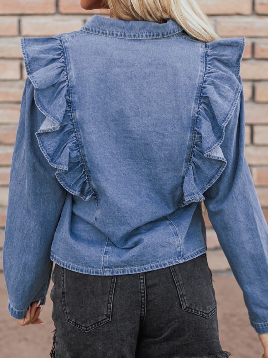 Ruffled Collared Denim Top