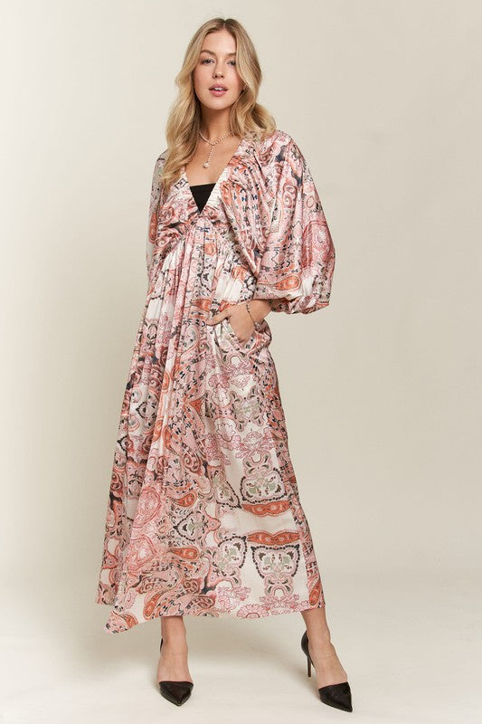 Printed V-Neck Batwing Sleeve Dress