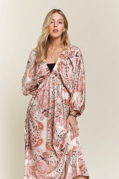 Printed V-Neck Batwing Sleeve Dress