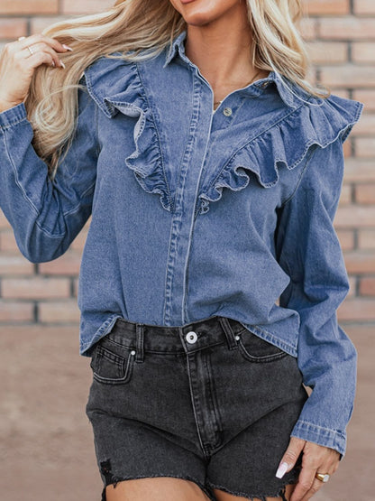 Ruffled Collared Denim Top