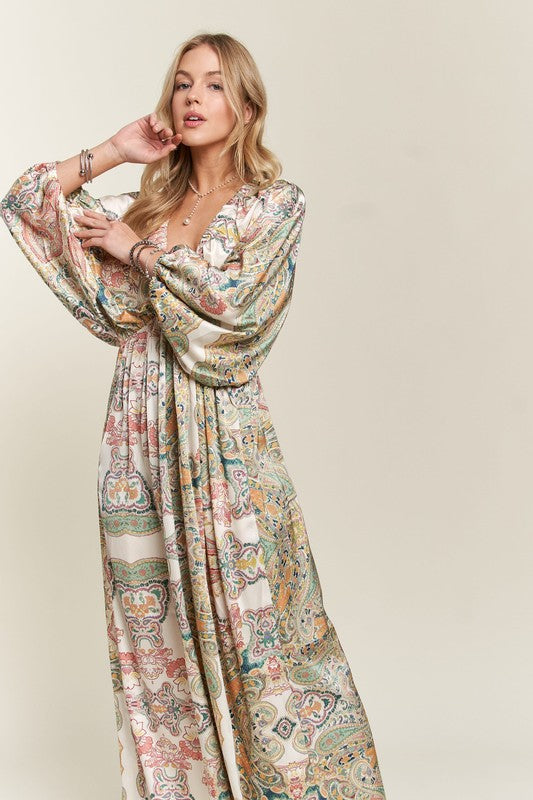 Printed V-Neck Batwing Sleeve Dress