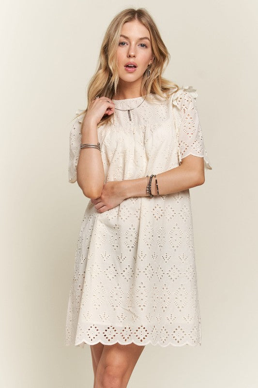 Ruffled Eyelet Round Neck Dress