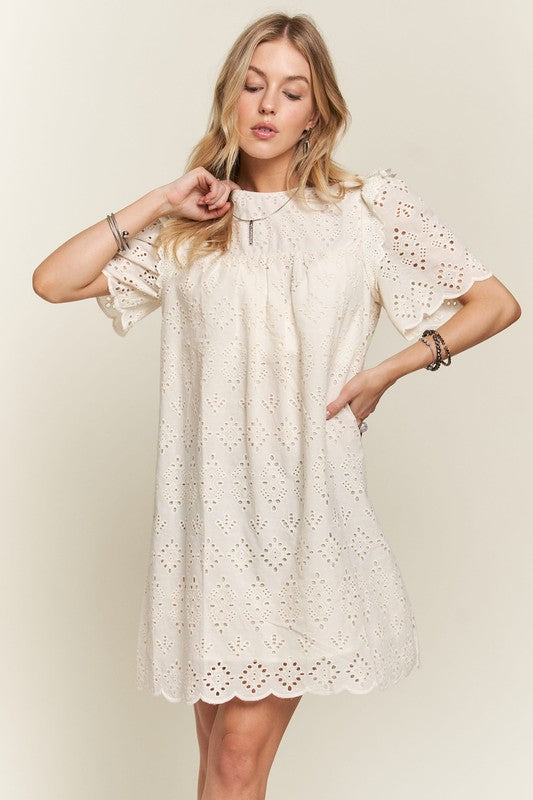 Ruffled Eyelet Round Neck Dress