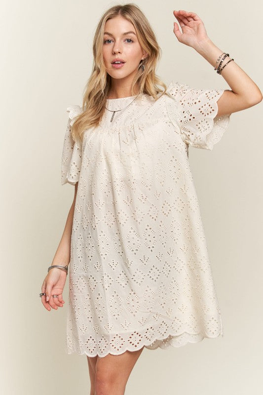 Ruffled Eyelet Round Neck Dress