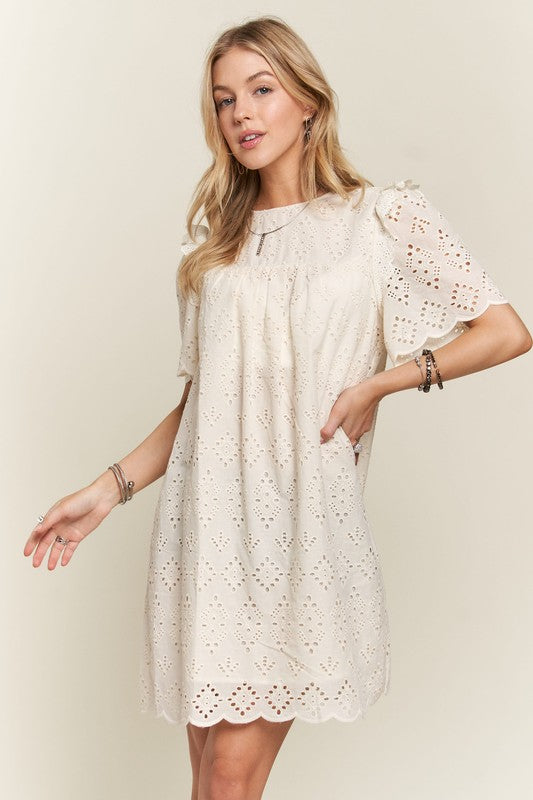 Ruffled Eyelet Round Neck Dress