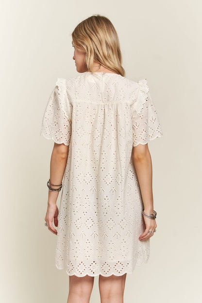 Ruffled Eyelet Round Neck Dress