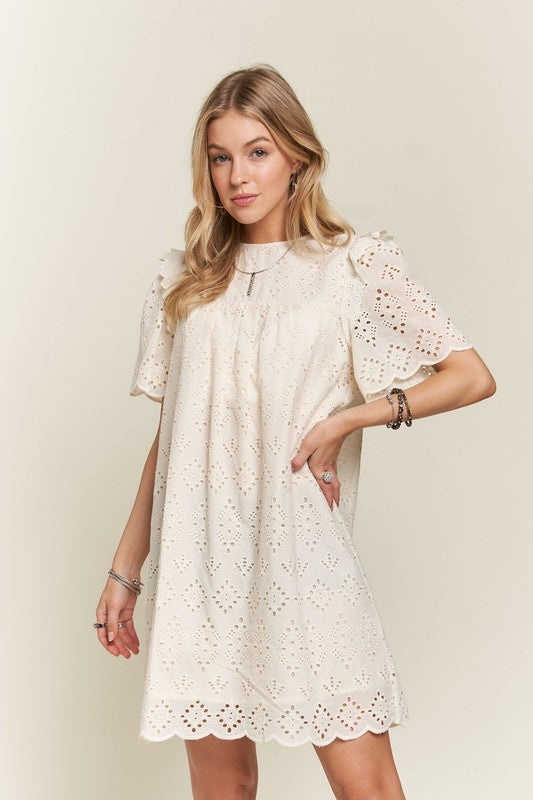 Ruffled Eyelet Round Neck Dress