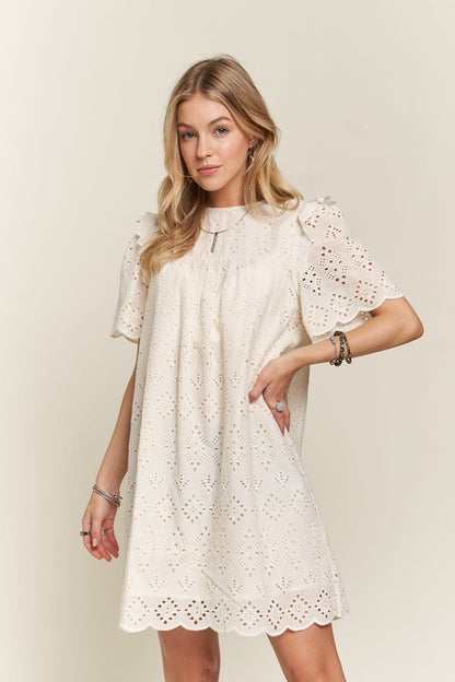 Ruffled Eyelet Round Neck Dress