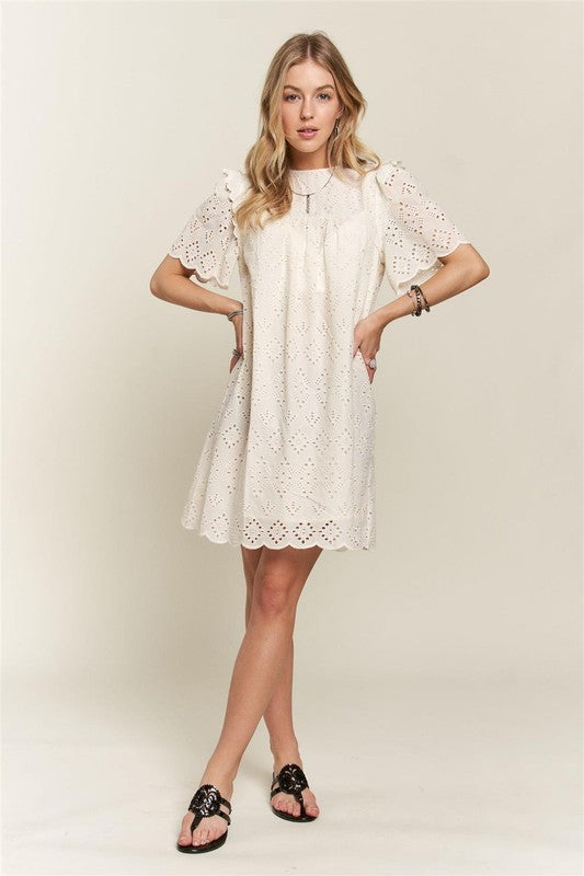 Ruffled Eyelet Round Neck Dress