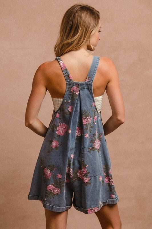 Flower Printed Denim Romper