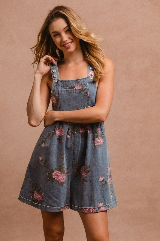 Flower Printed Denim Romper