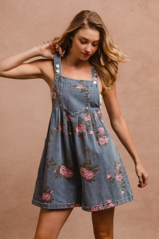 Flower Printed Denim Romper