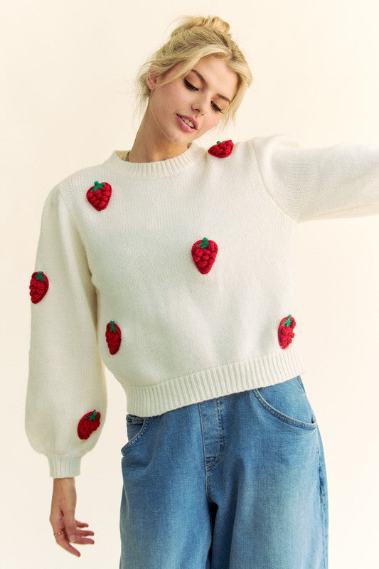 Crochet Strawberry Round Neck Sweater