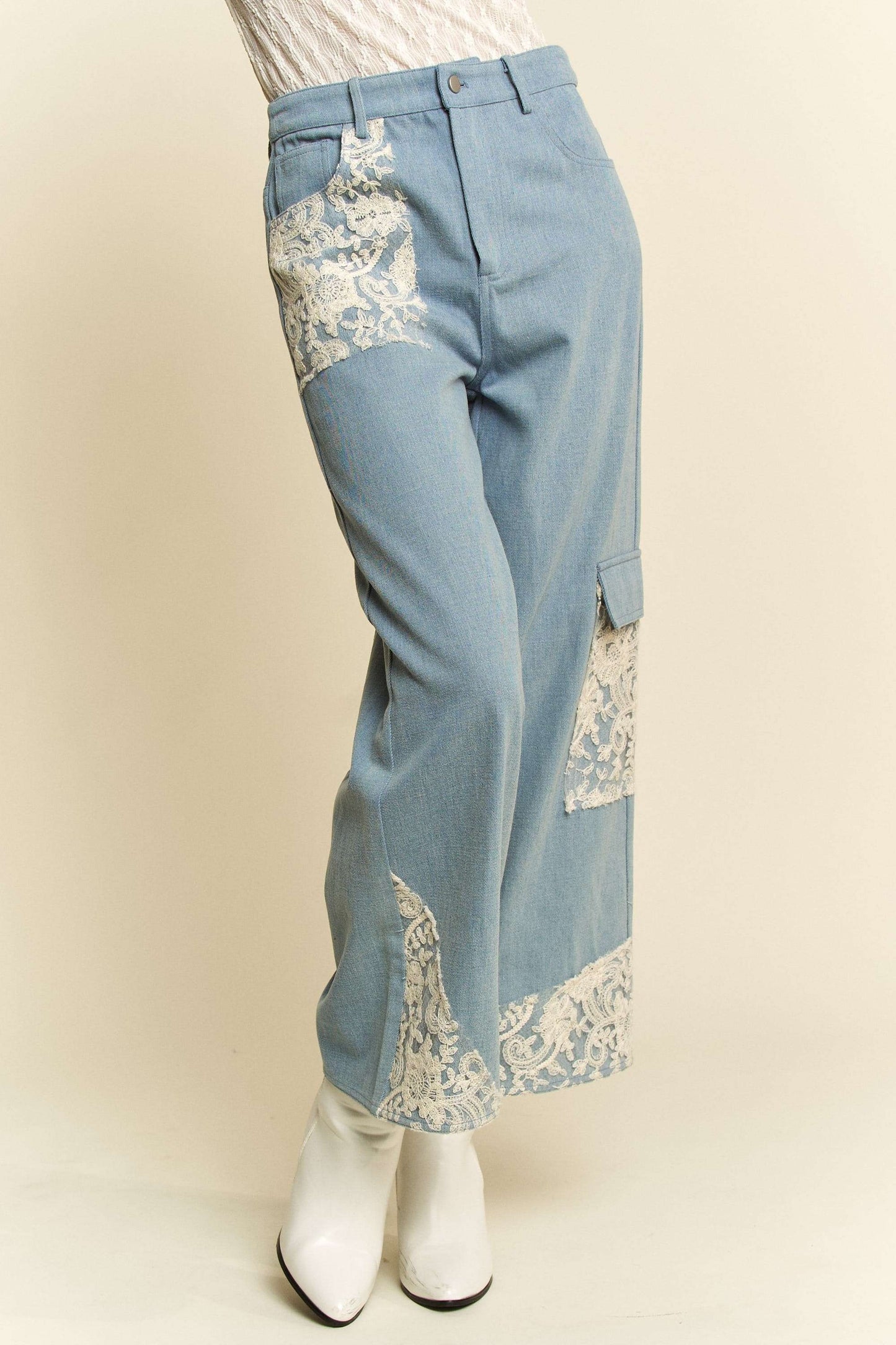 Lace Patch Wide Leg Jeans