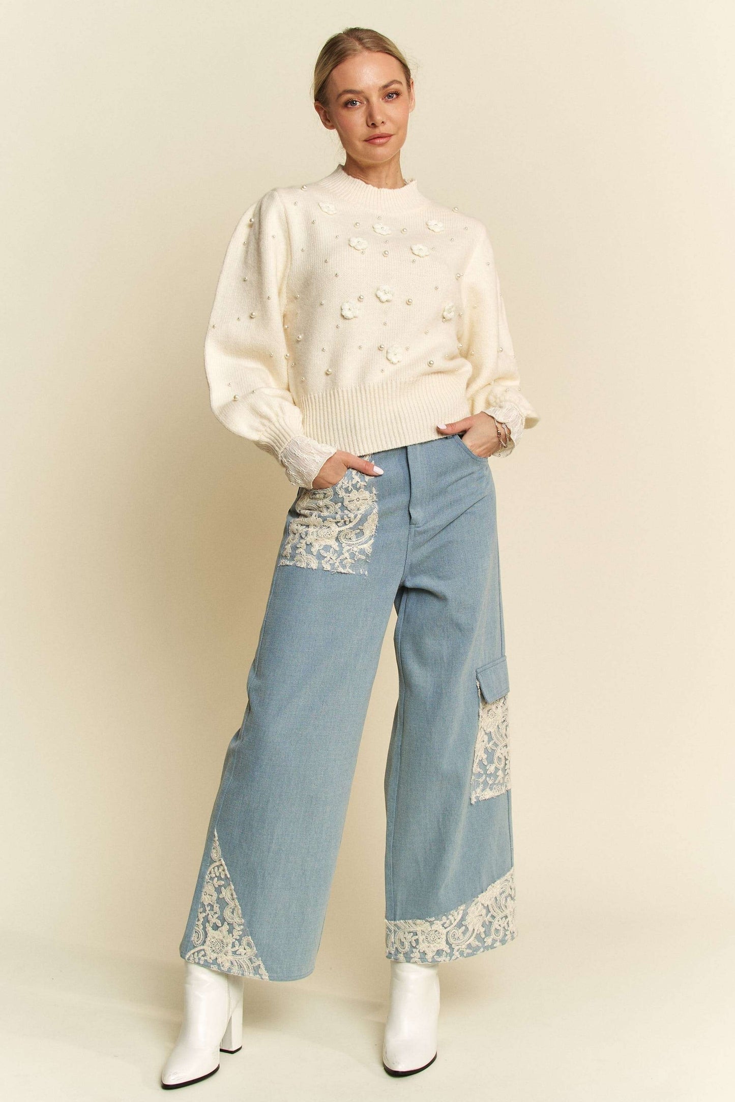 Lace Patch Wide Leg Jeans