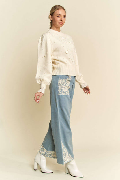 Lace Patch Wide Leg Jeans