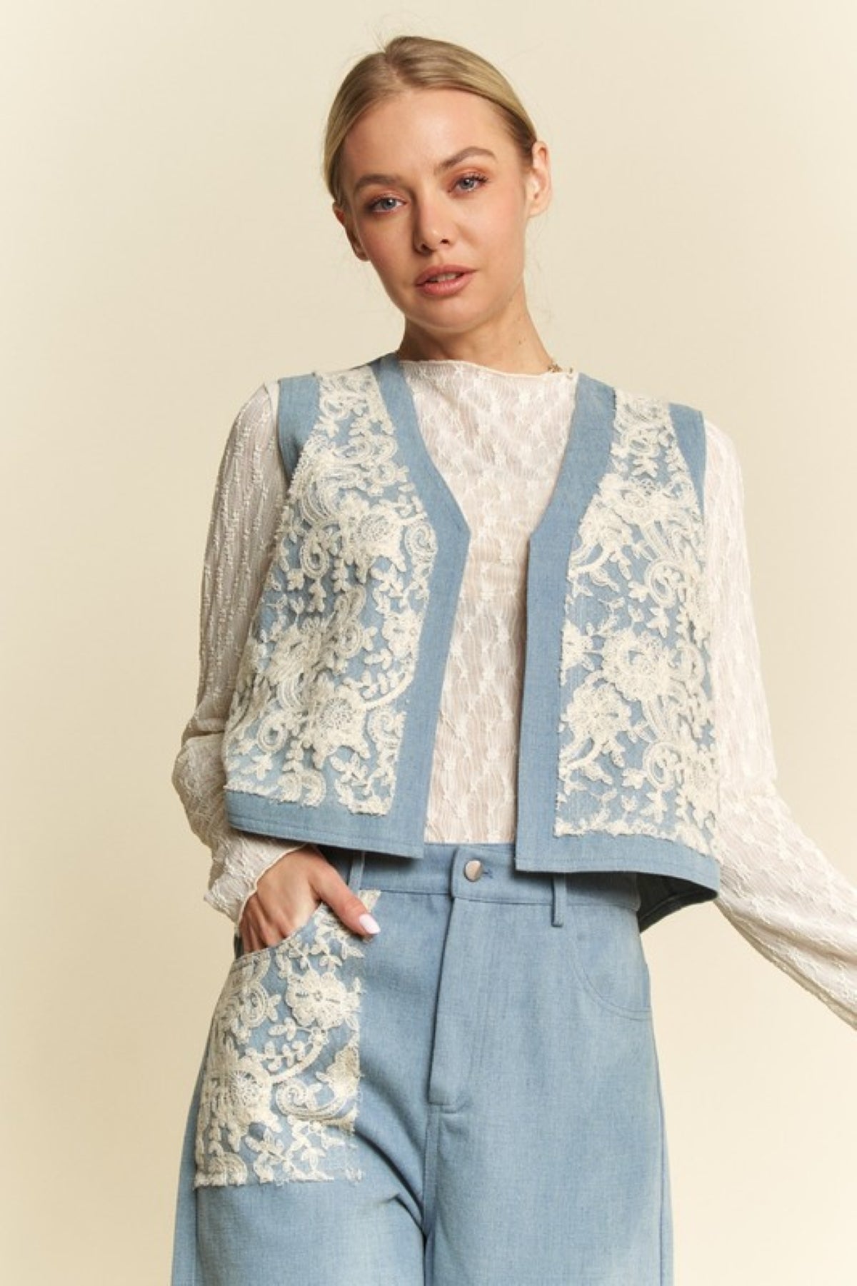 Lace Patch Denim Vest