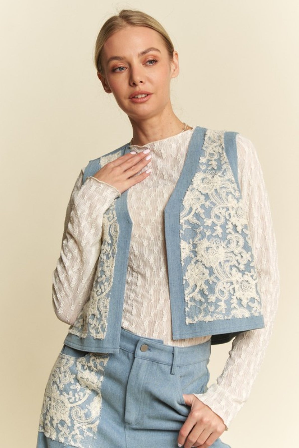 Lace Patch Denim Vest