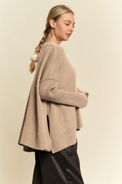 Ribbed Side Slit V-Neck Sweater