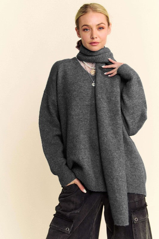 Dropped Shoulder Sweater With Scarf