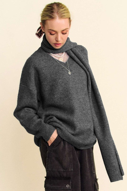 Dropped Shoulder Sweater With Scarf