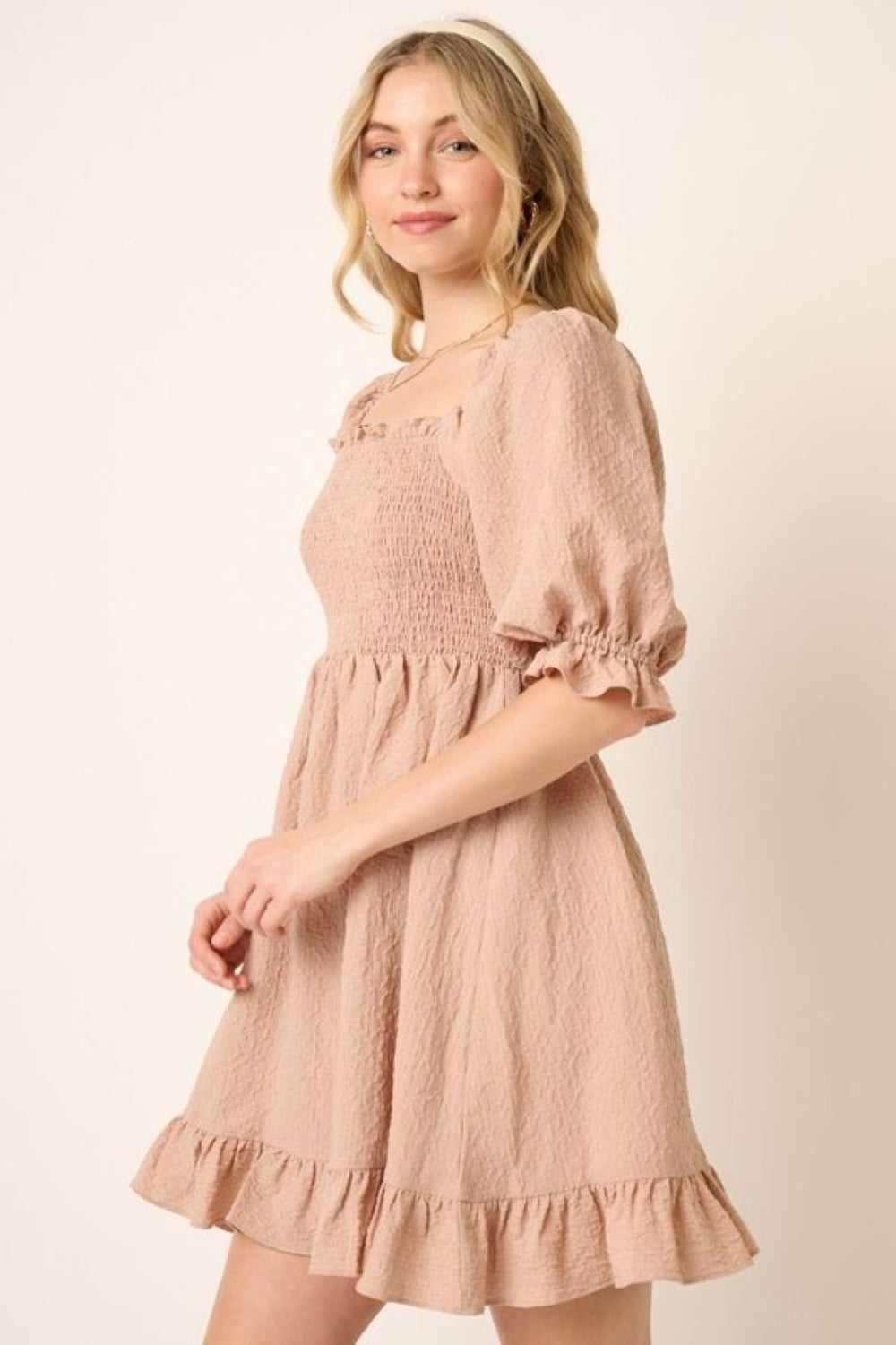 Smocked Ruffled Hem Mini Dress