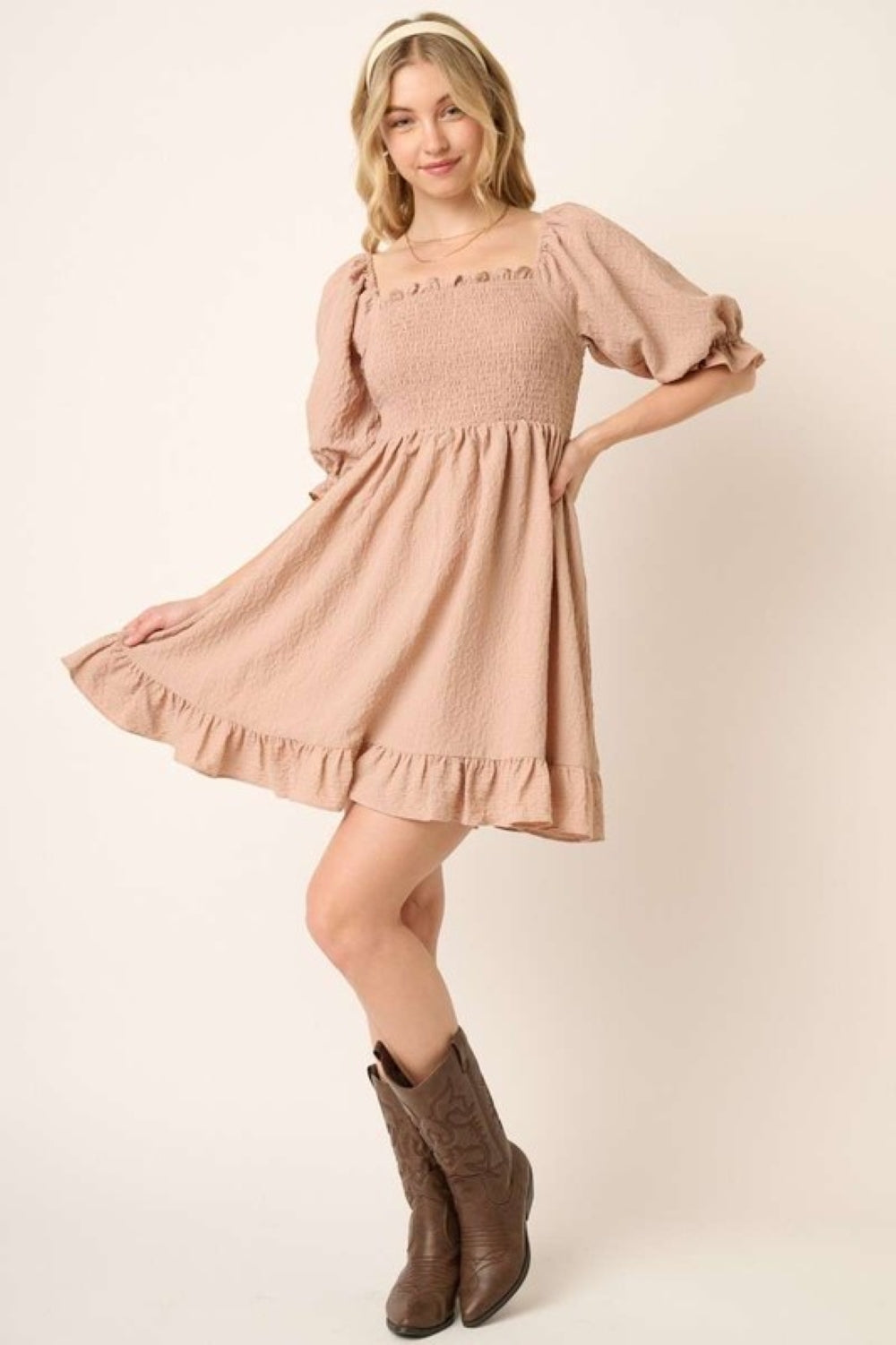 Smocked Ruffled Hem Mini Dress