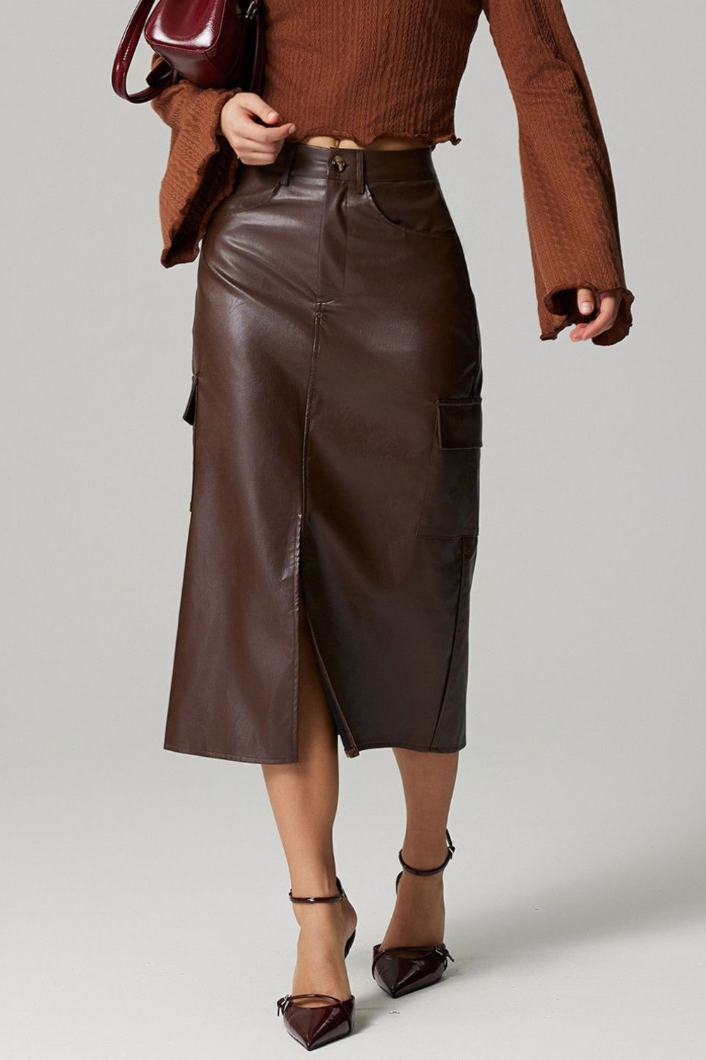 Slit Leather Skirt with Pockets