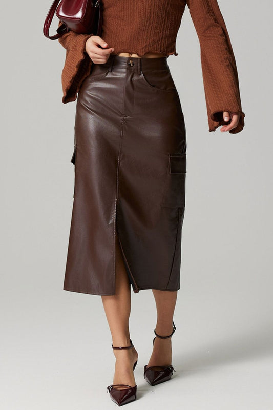 Slit Leather Skirt with Pockets