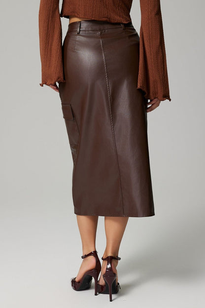 Slit Leather Skirt with Pockets