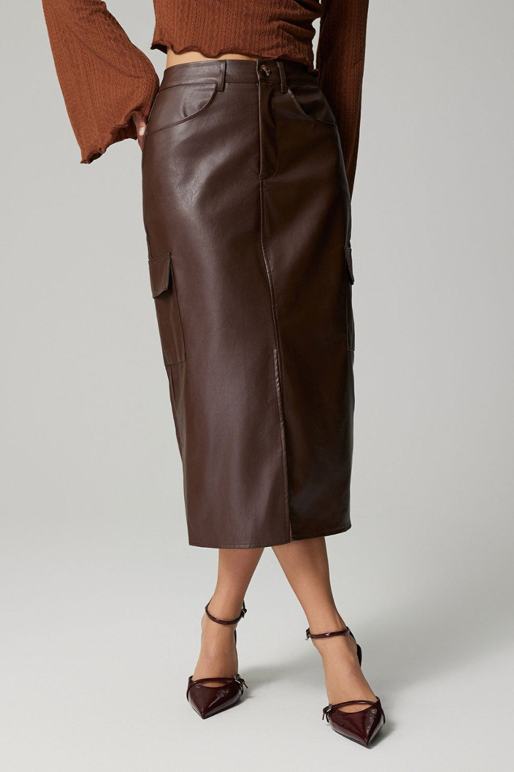 Slit Leather Skirt with Pockets