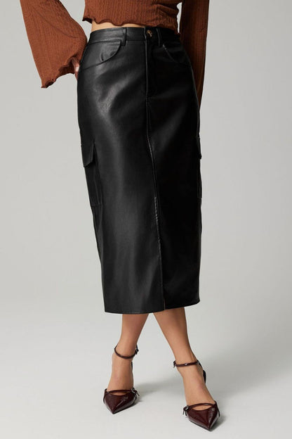 Slit Leather Skirt with Pockets