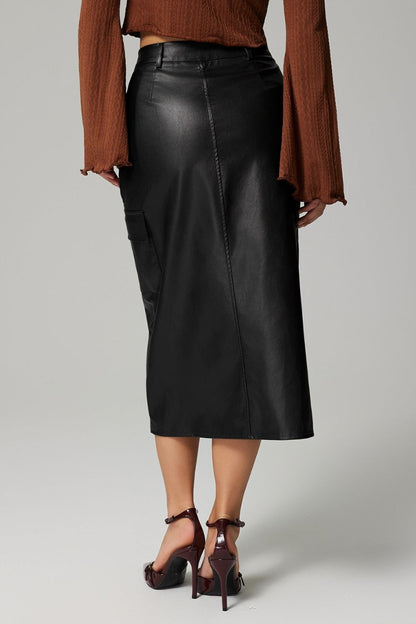 Slit Leather Skirt with Pockets