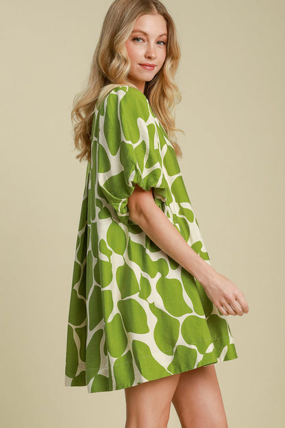 Abstract Print Puff Sleeve Dress