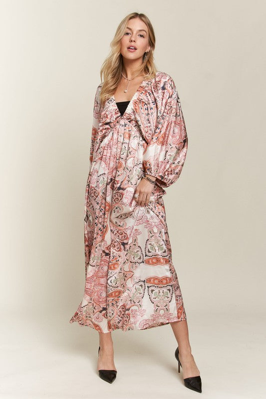 Printed V-Neck Batwing Sleeve Dress